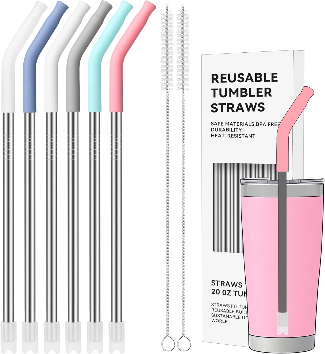 40 oz Straight Metal Straws for 40 oz Stanley Tumbler, 6 Pcs Stainless Steel Reusable Drinking Metal Straw with Colourful Silicone Tips,Straw for Glass Cups, BPA FREE