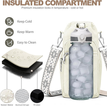 SYTRAH Water Bottle Carrier Bag with Strap, Water Bottle Purse with Phone Pocket 40oz for Walking Hiking