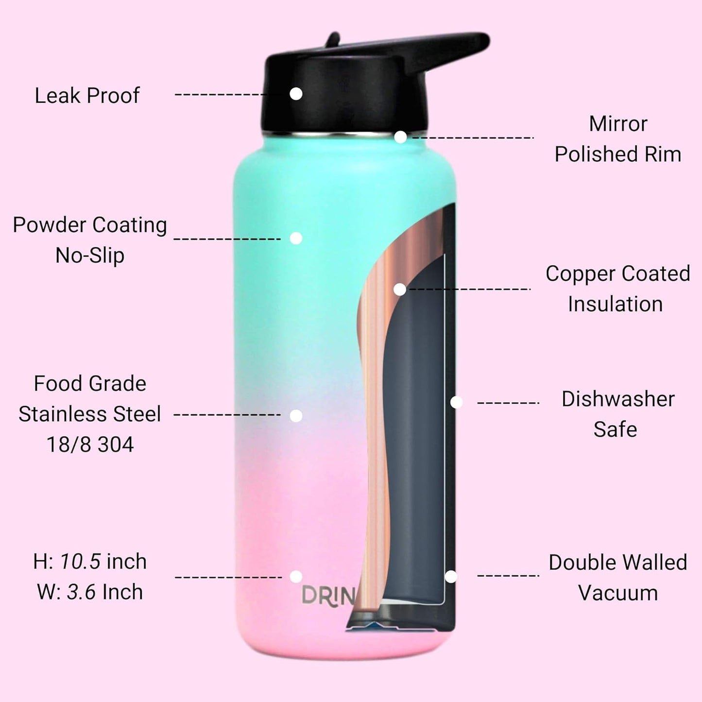 Drinco Stainless Steel Water Bottle Spout Lid Vacuum Insulated Double Wall Water Bottle Wide Mouth (40oz 32oz 22oz 18oz 14oz) Leak Proof Keep Cold Sport Camping Hiking (22 oz, 22oz Black)