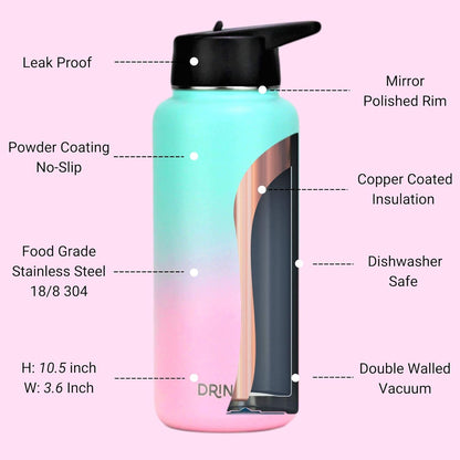 Drinco Stainless Steel Water Bottle Spout Lid Vacuum Insulated Double Wall Water Bottle Wide Mouth (40oz 32oz 22oz 18oz 14oz) Leak Proof Keep Cold Sport Camping Hiking (22 oz, 22oz Black)