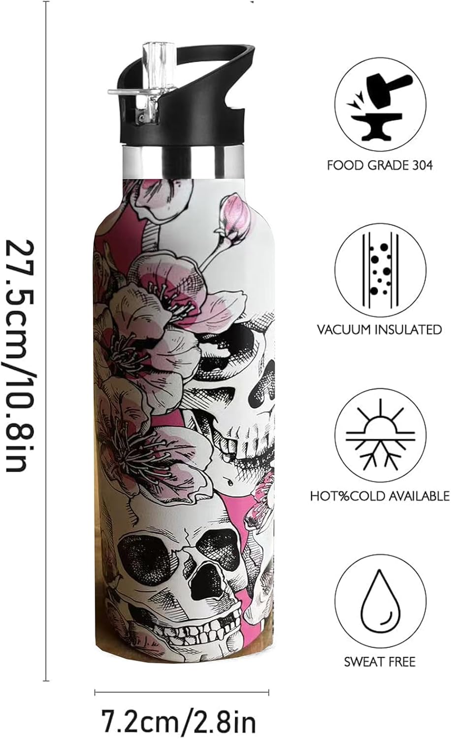 Pickleball Sport Water Bottle with Straw, Vacuum Insulated Stainless Steel Thermal Drinking Travel Mug Cups For Gym Fitness Camping-20oz/600ml