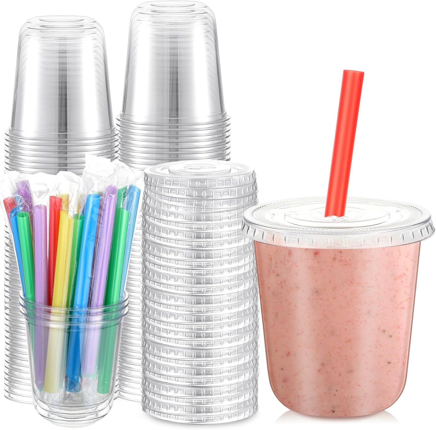 Ziliny 50 Sets 12 oz Clear Cups with Lids and Jumbo Smoothie Straws Disposable Plastic Cups for Smoothies, Bubble Milk Tea, Milkshakes, Cold Drinks (Multicolor)