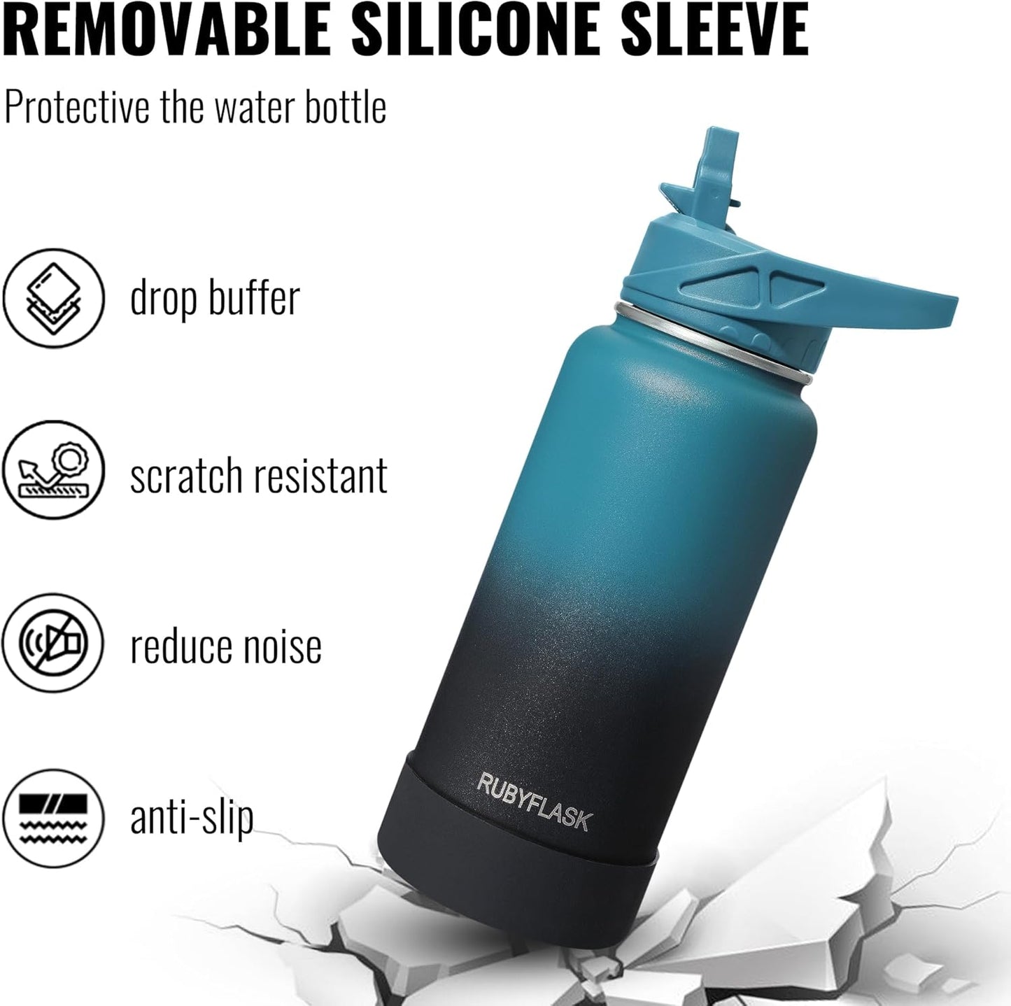 RUBYFLASK 32oz Insulated Water Bottle with Straw, Stainless Steel Metal Vacuum Water Flask, Large Thermal Water bottle with Leakproof 3 Lids for Travel, Camping, Gym Sports Indigo Black