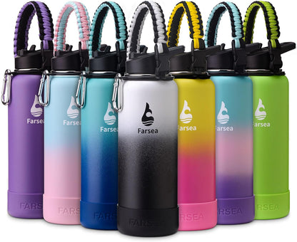 Farsea Insulated Water Bottle With Paracord Handle, Protective Silicone Boot and 2 Lids (Straw Lid & Spout Lid), Stainless Steel Water Bottle Wide Mouth, Double Wall Sweat-Proof BPA-Free, 24 oz