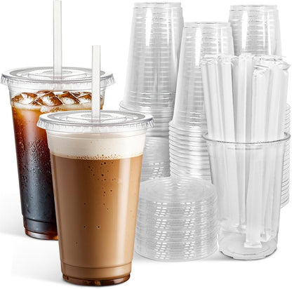 Ginkgo 32 oz Clear Plastic Cups with Lids and Jumbo Straws, Disposable To Go Iced Coffee Cups for Smoothie, Boba Milk Tea - 50 Pack