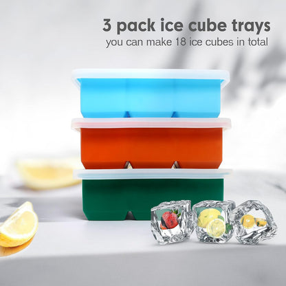 Excnorm Silicone Ice Cube Trays 3 Pack - Large Size Silicone Ice Cube Molds with Leak Proof Removable Lid Square Ice Cube Tray And BPA Free for Cocktail,Whiskey, Stackable Flexible Ice
