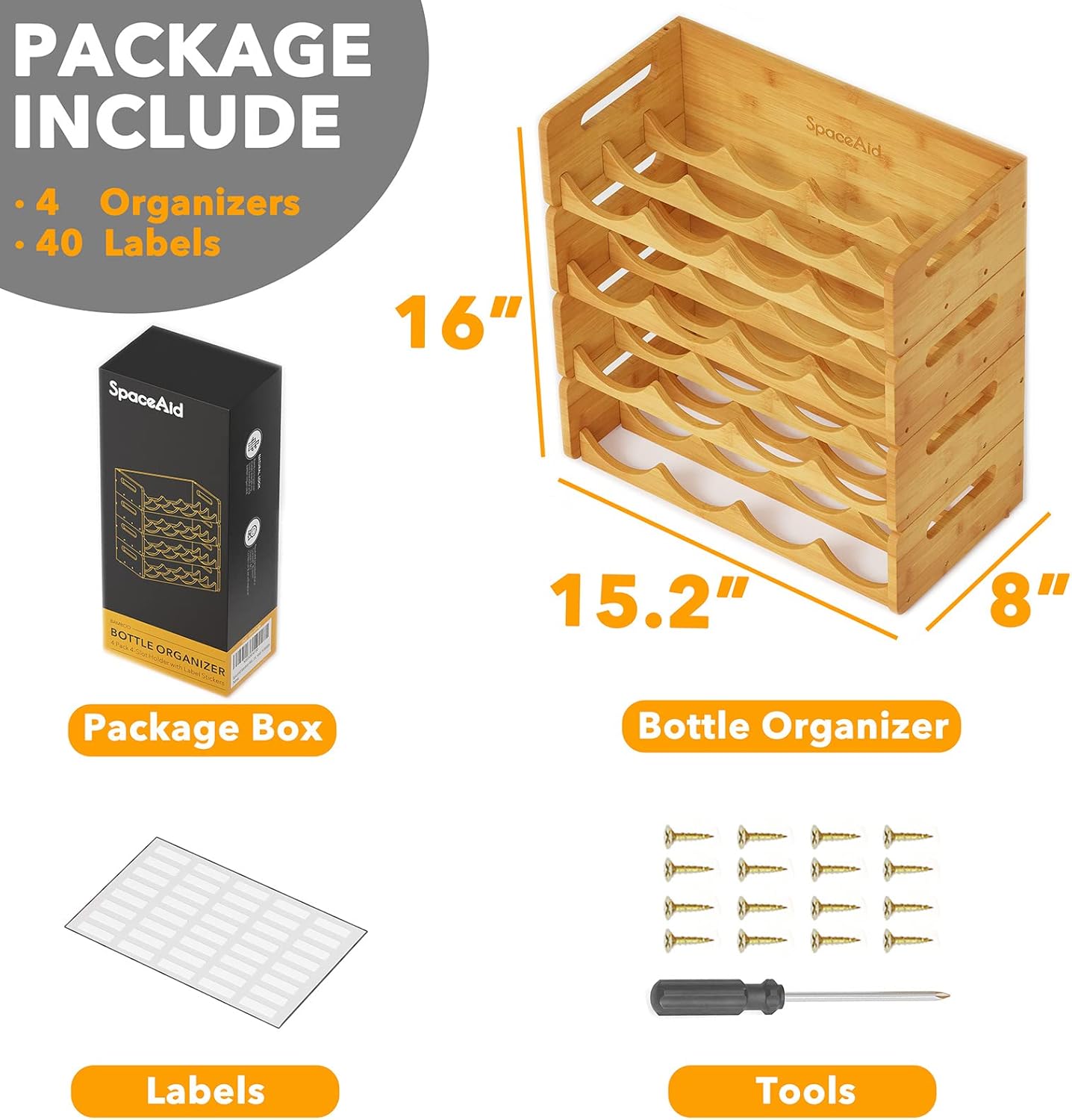 SpaceAid Bamboo Water Bottle Organizer with Labels, Kitchen Pantry Water Bottle Storage Rack for Cabinets, Home Cup and Wine Bottle Holder Shelf Organizers, 2 Pack 4-Slot, Hold 8 Bottles