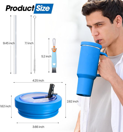 40 Oz Tumbler Flip Straw Lid for Stanley Quencher, Silicone Leak Proof Replacement Cover Reusable, Splash Resistant Cup Lids Accessories with Cleaning Brush Set
