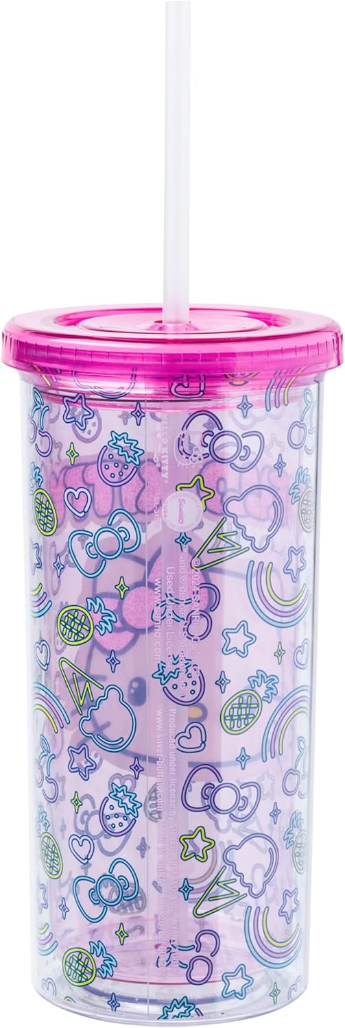 Silver Buffalo Sanrio Hello Kitty Milk Carton Pattern Plastic Boba Tumbler w Lid and Wide Straw, 24 Ounces