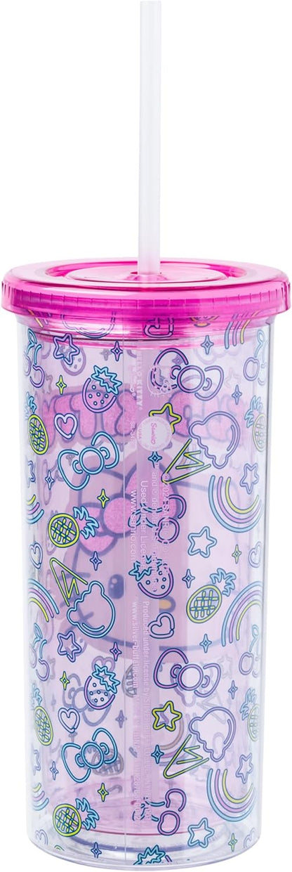 Silver Buffalo Sanrio Hello Kitty Milk Carton Pattern Plastic Boba Tumbler w Lid and Wide Straw, 24 Ounces
