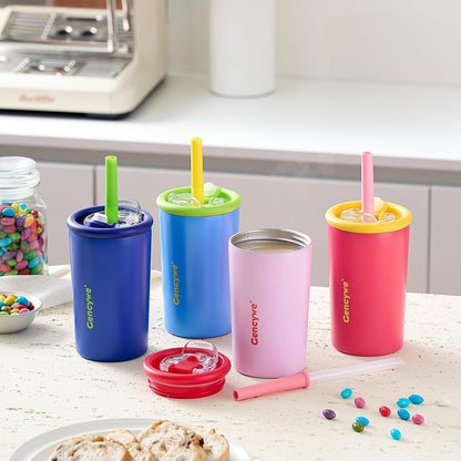 Gencywe 2 PACK Kids Double Walled Stainless Steel Cups with Straws and lids | 12 oz Spill-Proof Sippy Smoothie Tumbler Set, Small Kids Snack & Drink Water Cups, BPA-Free (Age: 3+ years old & up)