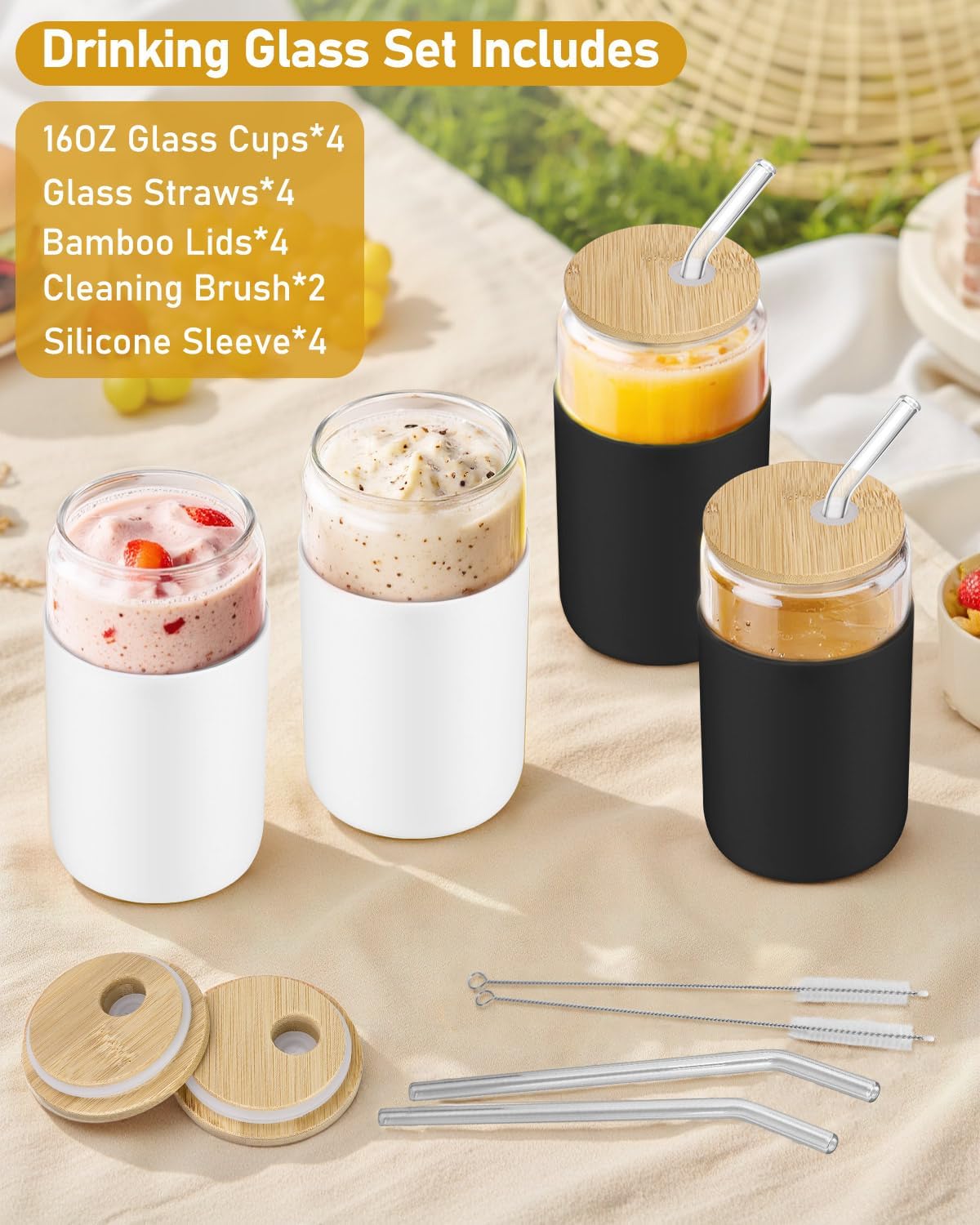 sungwoo 4PCS Glass Cups with Bamboo Lids and Straws, 16OZ Ice Coffee Cup, Drinking Cup set with Wooden Lids, Home Essential Glass Tumblers for Beer, Cocktail, Tea and Latte Clear