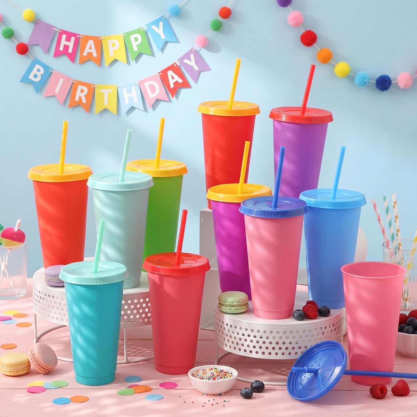 Honeydak 15 Pack Tumbler with Straw and Lid Bulk Cups for Gifts Water Bottle Iced Coffee Travel Mug Cup Reusable Plastic Tumblers for Party Birthdays 24-27 oz (Solid Color)