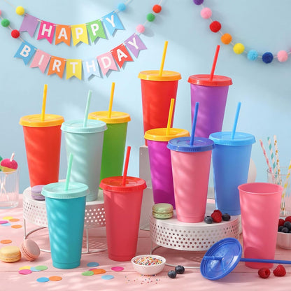 Honeydak 15 Pack Tumbler with Straw and Lid Bulk Cups for Gifts Water Bottle Iced Coffee Travel Mug Cup Reusable Plastic Tumblers for Party Birthdays 24-27 oz (Solid Color)