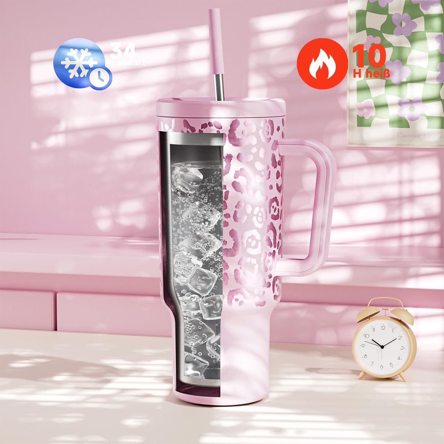 Meoky 40 oz Tumbler with Handle and Straw: Stainless Steel Insulated Tumbler with Lid and Straw - 100% Leak Proof Tumbler for Car Cup Holders - Travelers Commuters Workers, Donut