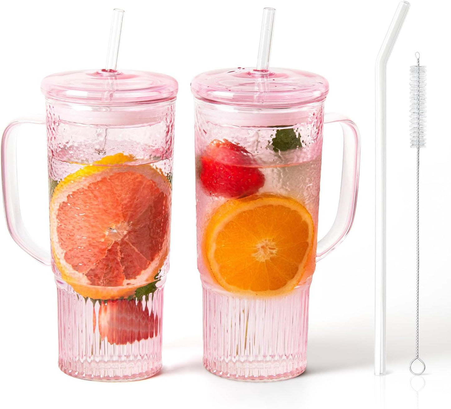JunVpic Glass Cups with Lids and Straws,24oz Glass Tumbler with Handle Iced Coffee Cup for Coffee,Juice,Tea,Milk,Smoothie,Hot & Cold Drinks (Pink)