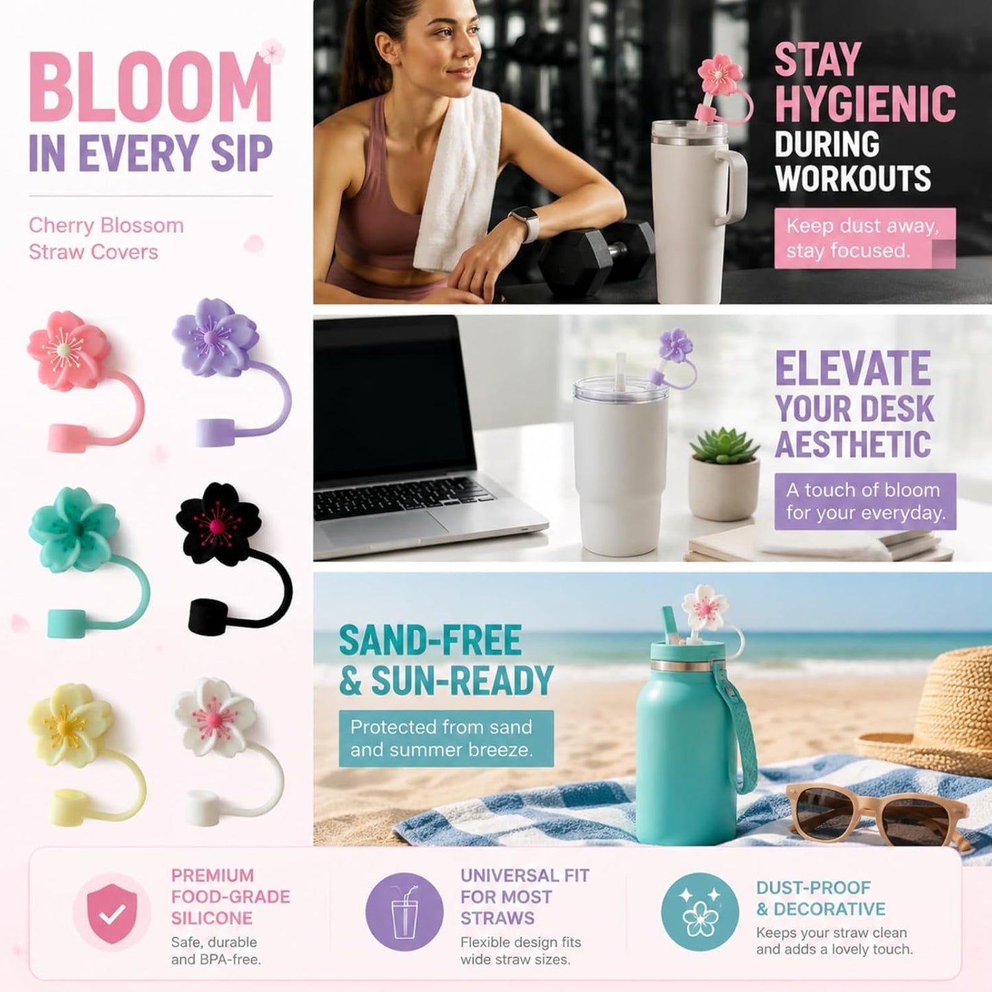 BTYHAOS Silicone Straw Caps for 10mm Tumblers | Reusable Dust-Proof Straw Toppers Compatible with Stanley 30oz & 40oz Tumblers (Purple Flower 3pc)