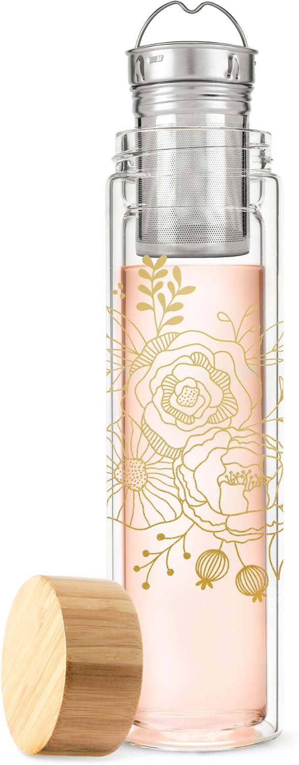 Pinky Up Blair Travel Tea Infuser Mug, Double Walled Insulated Travel Tumbler with Loose Leaf Tea Strainer, Travel Coffee Mug, Keeps Drinks Hot or Cold, 16 oz, White Leaf