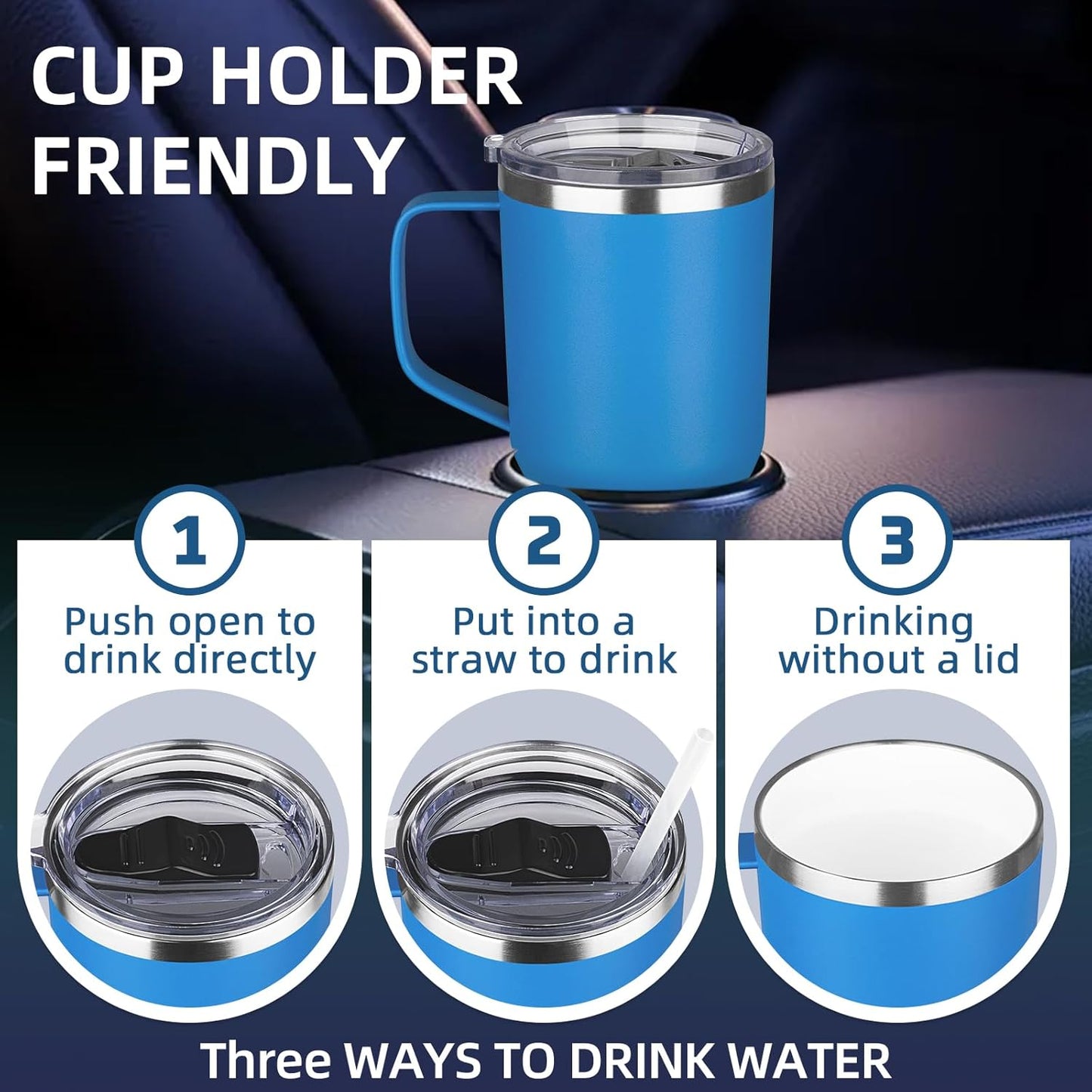 20 oz Insulated Coffee Mug with Ceramic Coating, Stainless Steel Travel Mug Tumbler with Handle Lid and Straw, Double Wall Leak-Proof Coffee Travel Mug Keeps Drink Hot and Cold (Black)