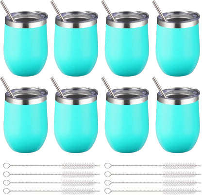 12 oz Insulated Wine Tumbler with Lid and Straw,Stainless Steel Stemless Wine Tumbler Glasses Double Wall Vacuum Wine Cups Tumbler for Coffee,Champaign,Cocktail,Office（Silver,1）