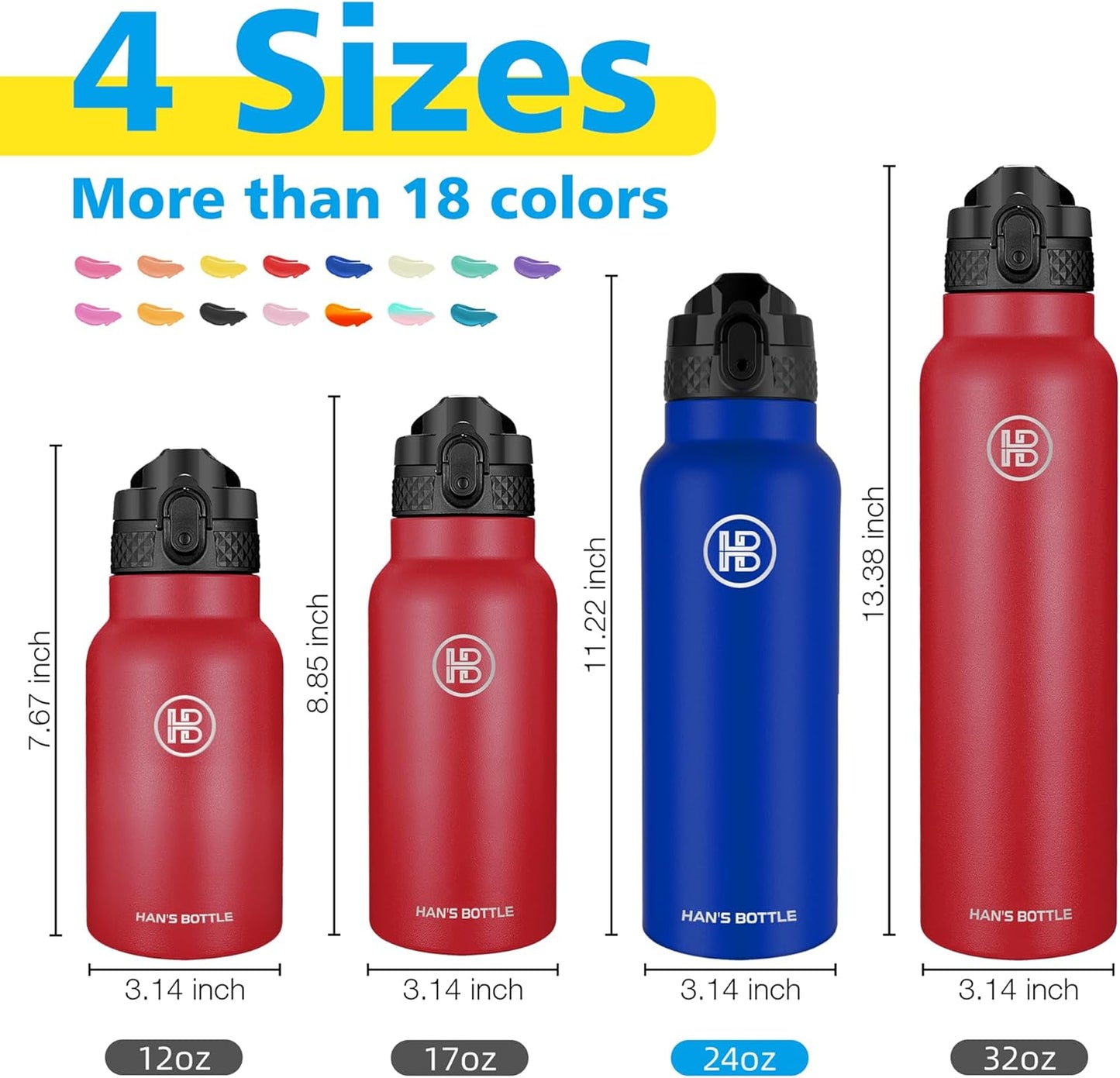Han's Bottle Sports Water Bottle - 24 Oz, Straw Lid, Leak Proof, Vacuum Insulated Stainless Steel, Double Walled, Thermo Mug,Black