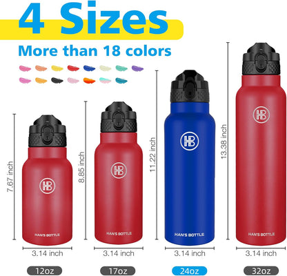 Han's Bottle Sports Water Bottle - 24 Oz, Straw Lid, Leak Proof, Vacuum Insulated Stainless Steel, Double Walled, Thermo Mug,Black