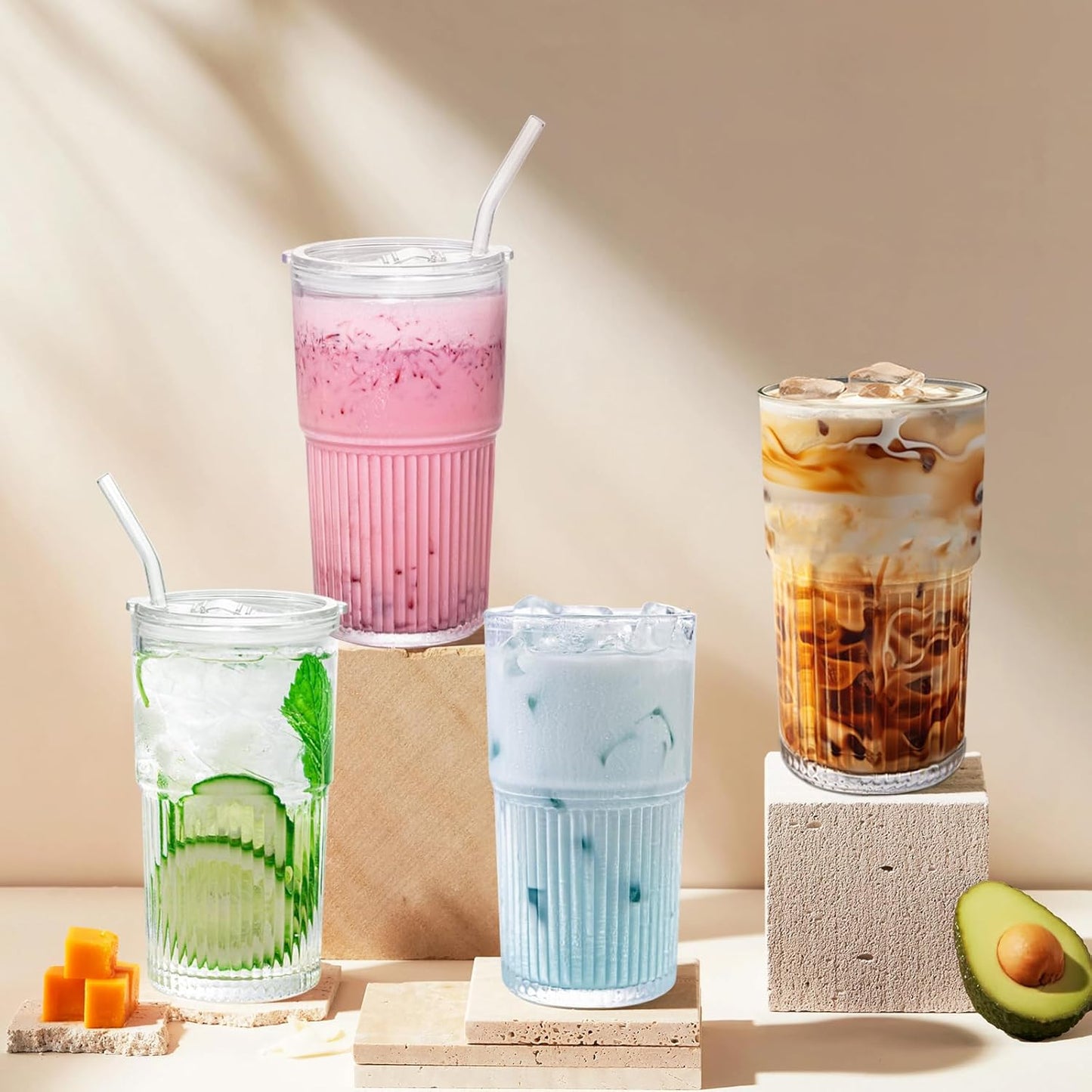 Luiaiog 20 oz Glass Cups with Lids and Straws – Single Reusable Tumbler, Thickened Shatter-Resistant Glass, Ideal for Iced Coffee, Smoothies, Cocktails, Juices – Elegant & Durable Drinkware