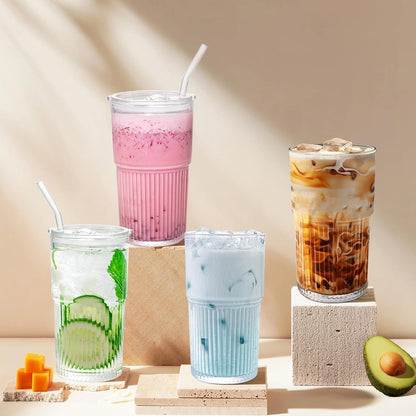 Luiaiog 20 oz Glass Cups with Lids and Straws – Single Reusable Tumbler, Thickened Shatter-Resistant Glass, Ideal for Iced Coffee, Smoothies, Cocktails, Juices – Elegant & Durable Drinkware