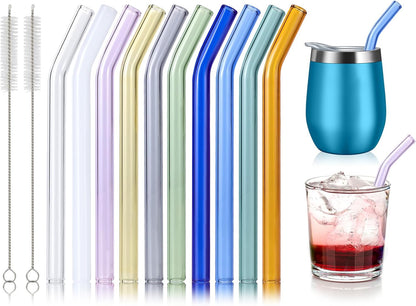 10 Pcs Reusable Bent Short Glass Straws,6''x8 mm Colorful Glass Straws Shatter Resistant with 2 Cleaner Brush for Short Tumblers,Whiskey&Cocktail Glasses Cups,Coffee Mugs