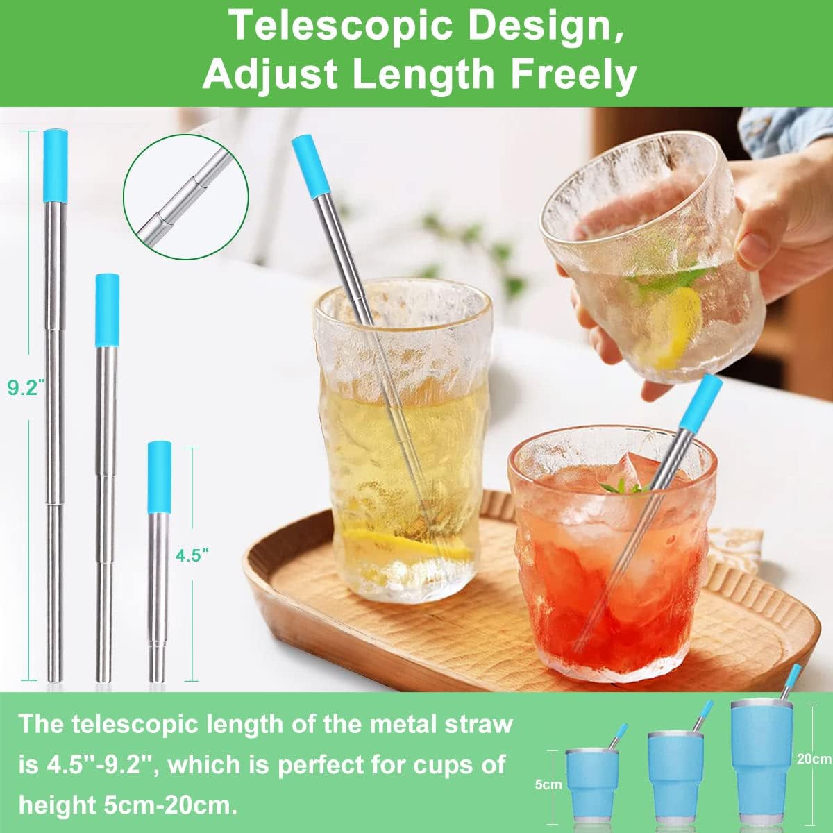 Kynup 4Packs Reusable Straws, Metal Straw with Silicon, Travel Drinking Straws with Case, Keychain, Cleaning Brushes, Silicon Pcs Perfect for Travel, Gifts (20 PCS) Blue-Black-Silver-Turquoise