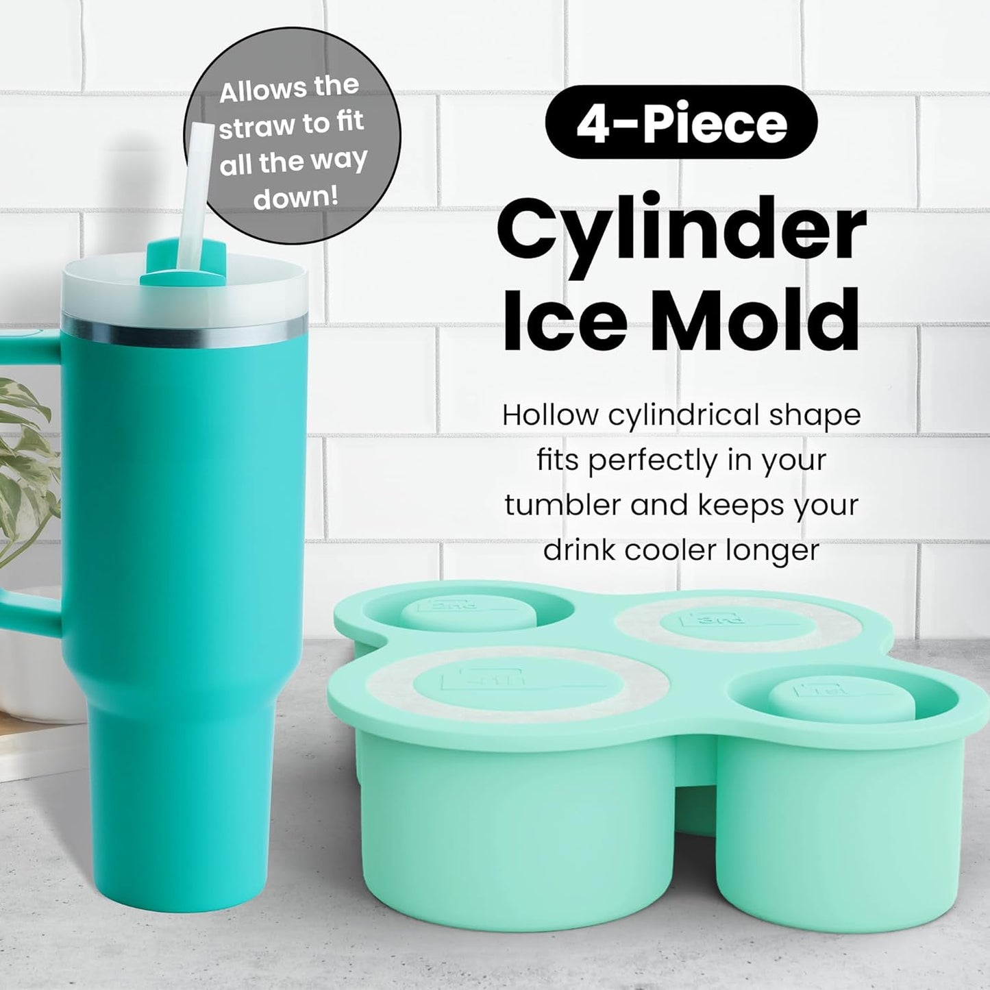 4-Ring Silicone Ice Cube Tray for Stanley Cup with Lid and Metal Reusable Straws - Stanley Ice Mold - Stanley Cup Ice Mold - Stanley Cup Ice Cube Mold for 14-40 oz Tumbler, Whiskey, Cocktails, Drinks