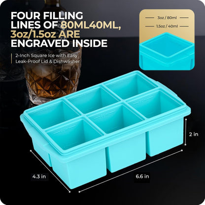 Large Ice Cube Trays for Whiskey, Silicone Ice Cube Tray, with Reinforced Steel Ring Top, Makes 12 perfect 2-in ice cubes, Square Ice Tray for Cocktails, Whiskey, Coffee. (2 Pack)