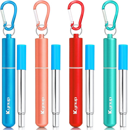 Kynup 4Packs Reusable Straws, Metal Straw with Silicon, Travel Drinking Straws with Case, Keychain, Cleaning Brushes, Silicon Pcs Perfect for Travel, Gifts (20 PCS) Blue-Black-Silver-Turquoise