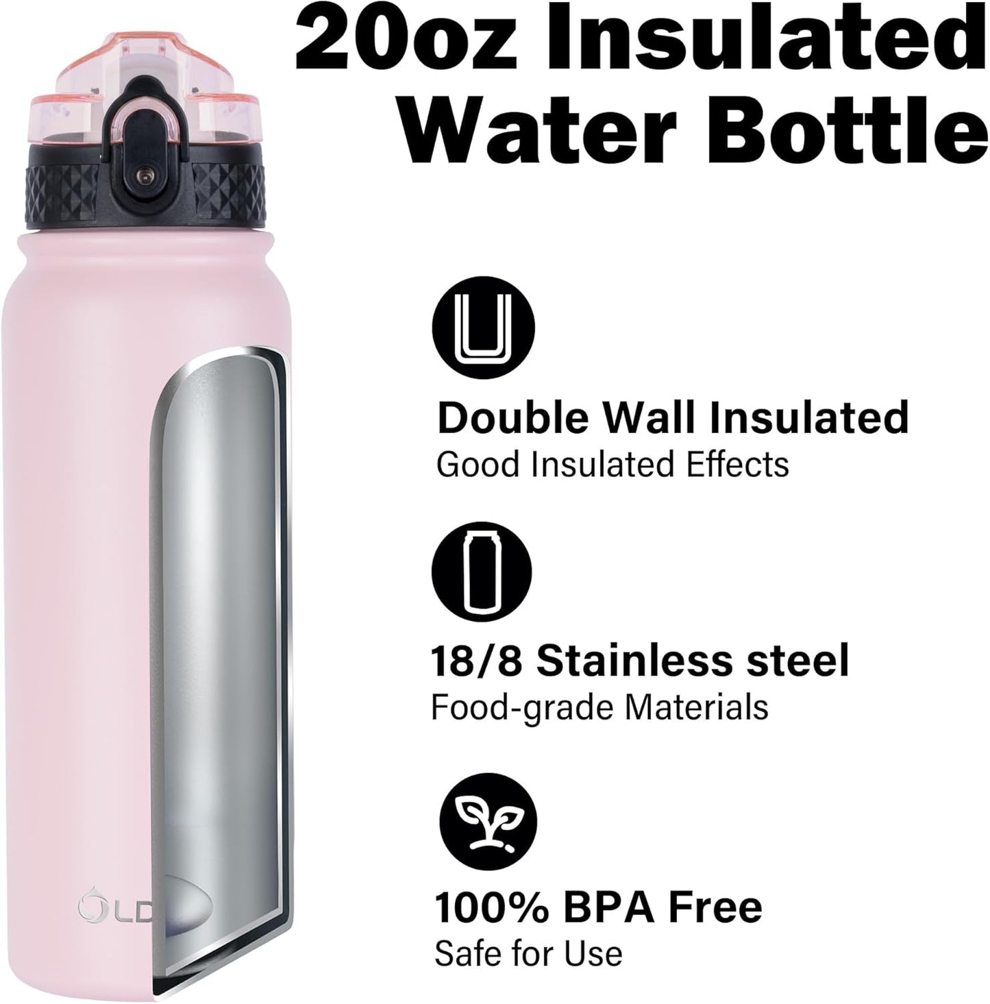 Oldley Insulated Water Bottle 20oz for Adults Kids Stainless Steel Water Bottles with Straw/Chug/Carabiner 3 Lids Fruit Strainer Double Wall Vacuum Wide Mouth BPA Free Leak-Proof for School Travel