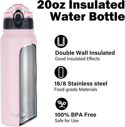 Oldley Insulated Water Bottle 20oz for Adults Kids Stainless Steel Water Bottles with Straw/Chug/Carabiner 3 Lids Fruit Strainer Double Wall Vacuum Wide Mouth BPA Free Leak-Proof for School Travel