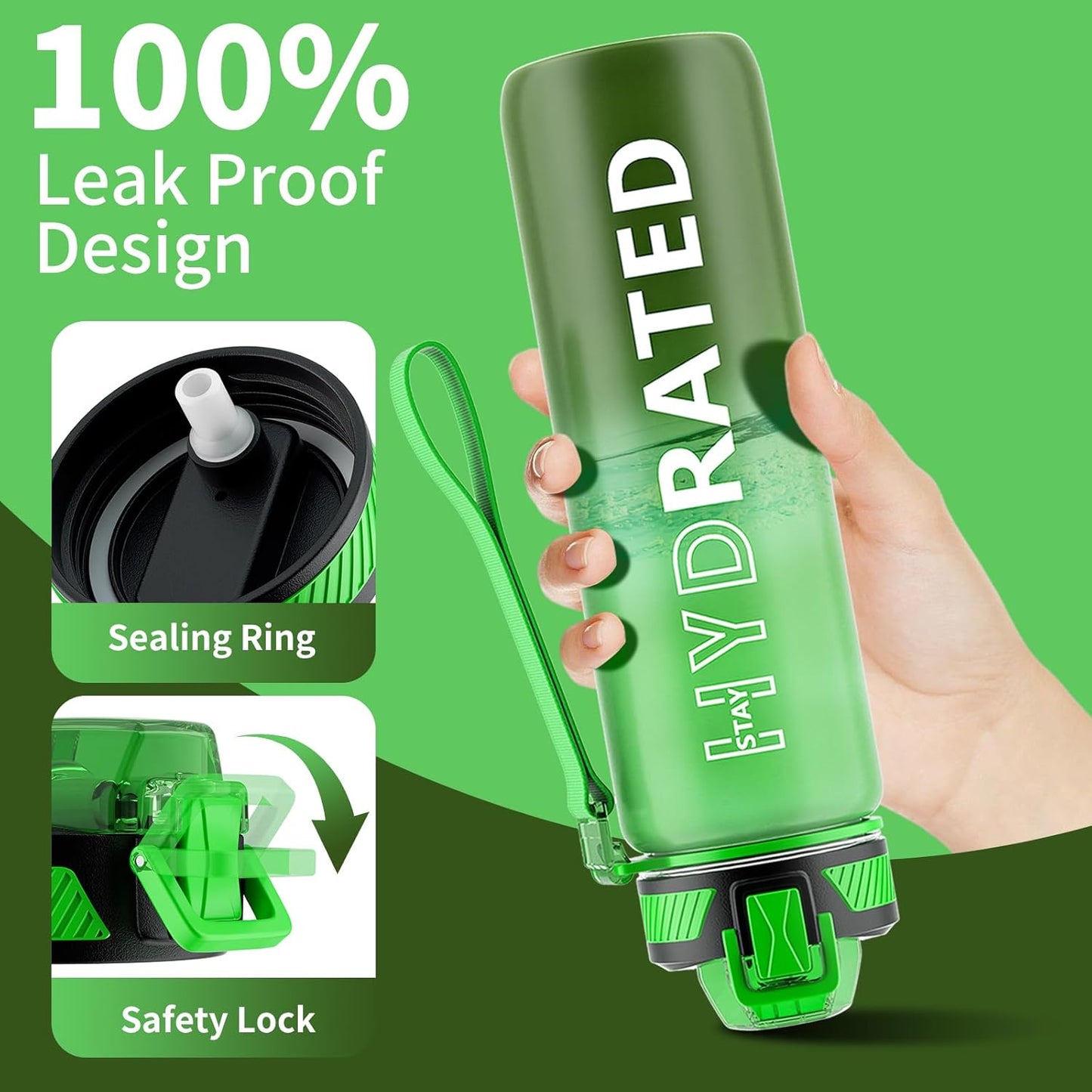 QLUR Water Bottle with Straw, 32oz Motivational Water Bottles with Time Marker to Drink, Tritan BPA Free, 1L Sports Water Bottle with Carry Strap LeakProof for Women Gym Fitness Outdoor (1 Pack)