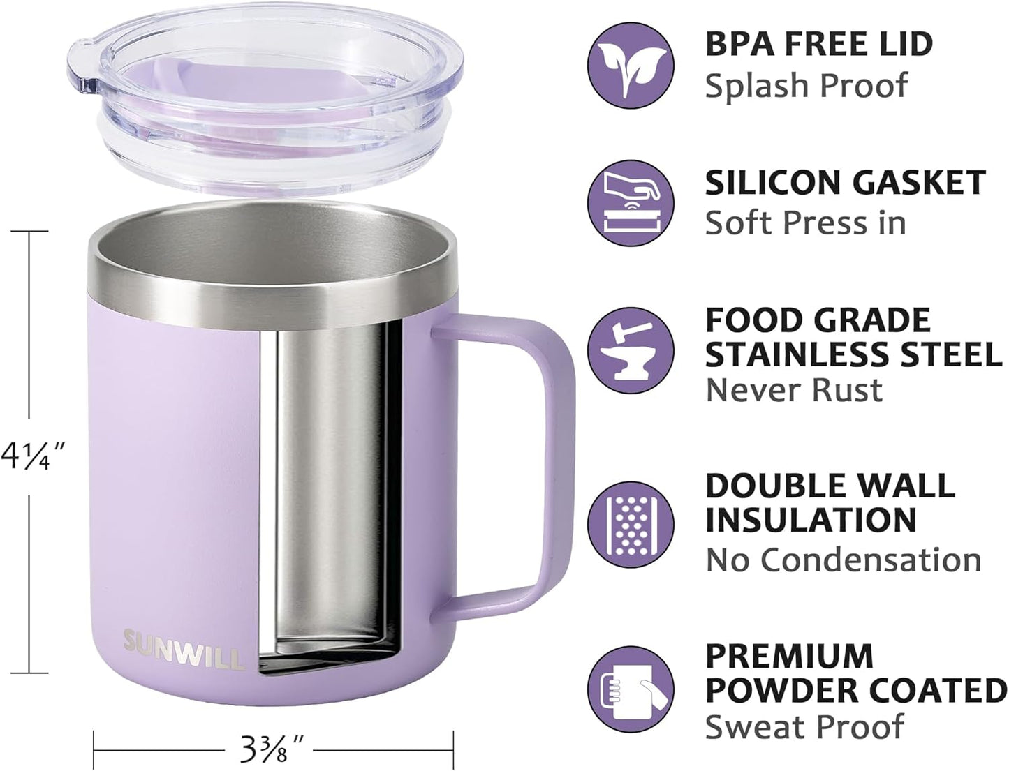 SUNWILL Travel Coffee Mug with Lid, Insulated Tumbler with Handle, 14 oz Stainless Steel Cup for Ice, Water, Tea, Rose Gold