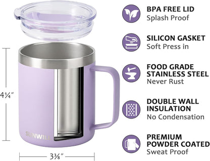 SUNWILL Travel Coffee Mug with Lid, Insulated Tumbler with Handle, 14 oz Stainless Steel Cup for Ice, Water, Tea, Rose Gold