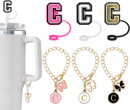（3 +3) 3PCS Nuozme Straw Cover 10mm For Stanley Tumbler Cup Reusable Straw Cap Topper with 3 Initial Letter Charms Accessories Name ID Personalized Handle Charm For Stanley 30&40 Oz Cup Tumbler - Colors B