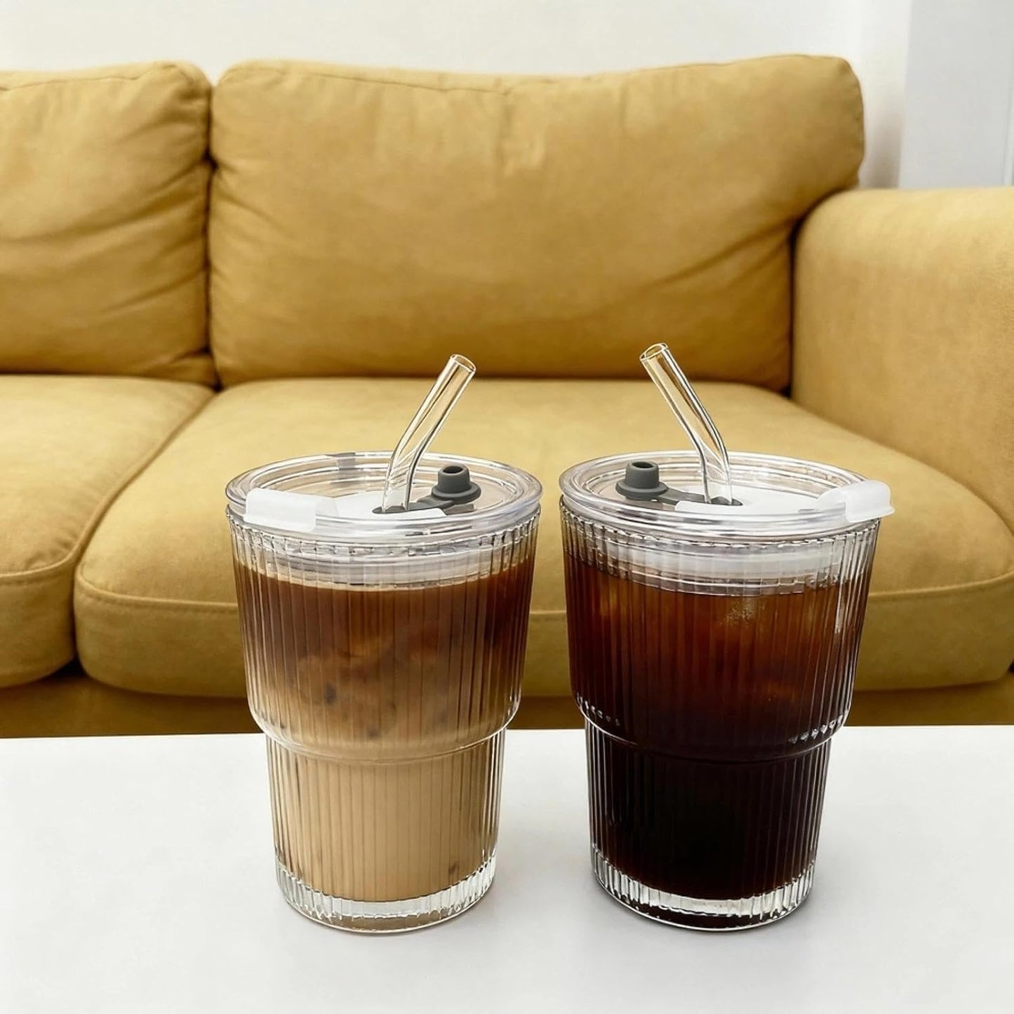Ribbed Glass Tumbler with Lid and Straws, Resuable Ice Coffee Cups, To Go Iced Coffee Cups for Water, Smoothie, Matcha, Iced Tea Fruit Juice, Clear, 13oz, Set of 2