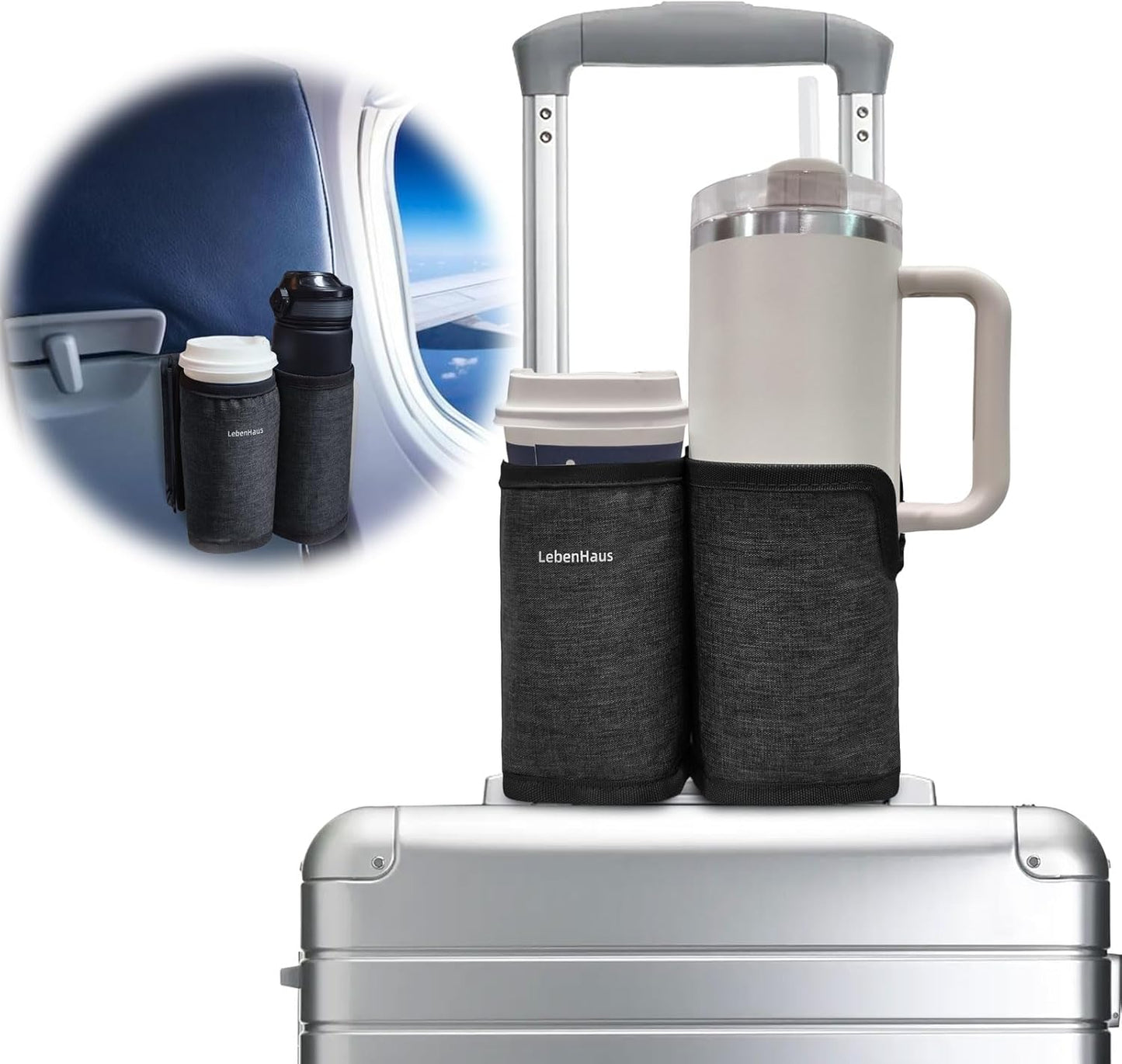 2 in 1 Luggage Cup Holder for Suitcase Airplane Cup Holder for Tray Table Drink Carrier for Stanley Tumblers Coffee Beverage Organizer Luggage Drink Holder Travel Gifts for Women (Gray)