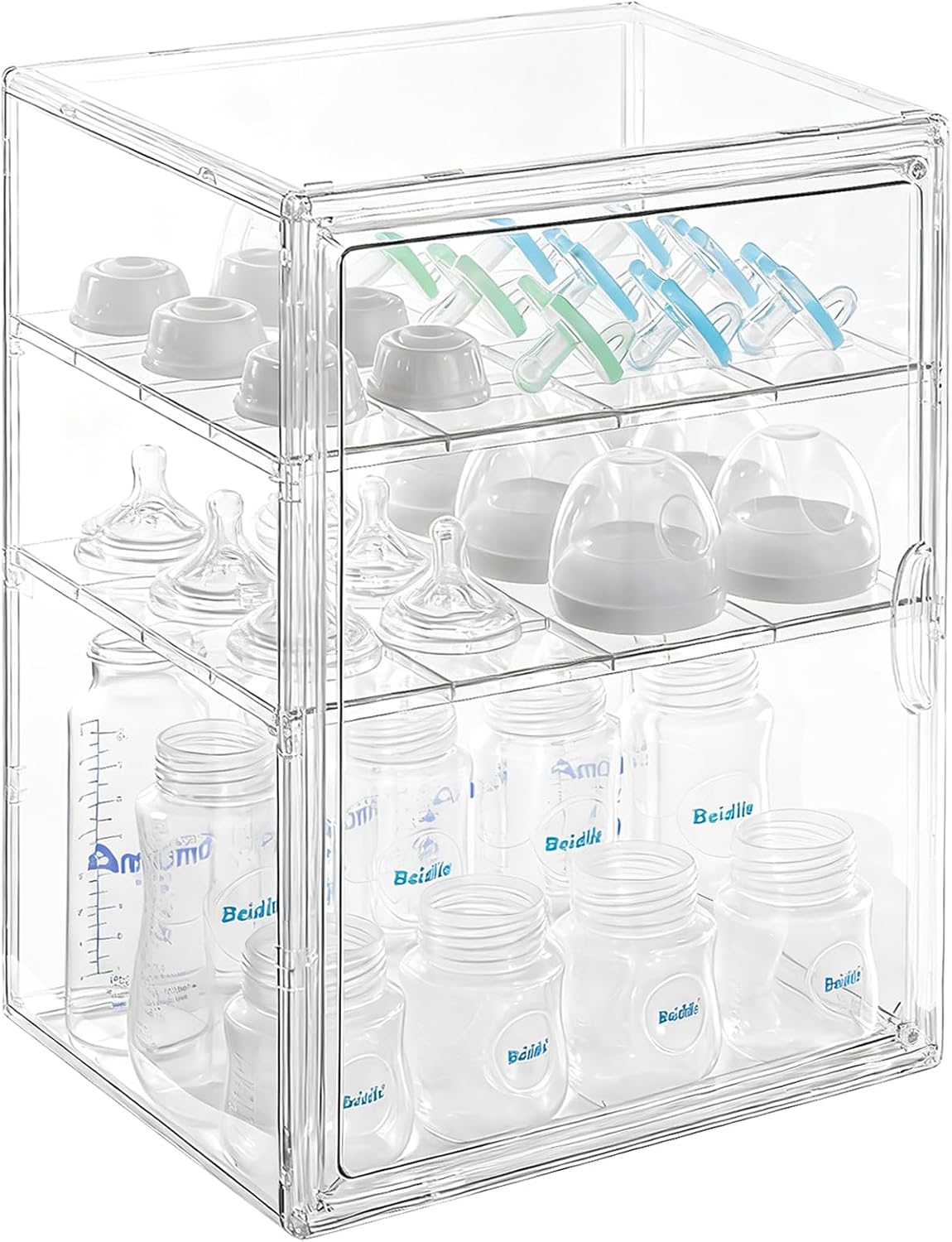 ERTIUANIO Baby Bottle Organizer – 3 Tier Bottle Storage Organizer Baby for Nipples, Pump Parts, Food Jars – Clear Acrylic Bottle Station Organizer for Countertop and Kitchen, Gifts for New Mom