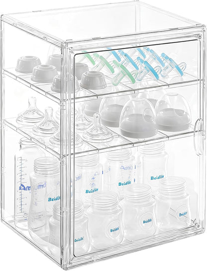 ERTIUANIO Baby Bottle Organizer – 3 Tier Bottle Storage Organizer Baby for Nipples, Pump Parts, Food Jars – Clear Acrylic Bottle Station Organizer for Countertop and Kitchen, Gifts for New Mom