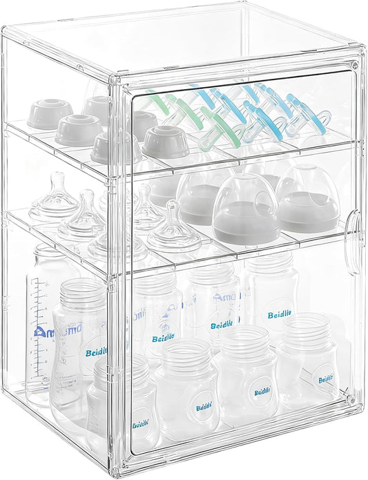 ERTIUANIO Baby Bottle Organizer – 3 Tier Bottle Storage Organizer Baby for Nipples, Pump Parts, Food Jars – Clear Acrylic Bottle Station Organizer for Countertop and Kitchen, Gifts for New Mom