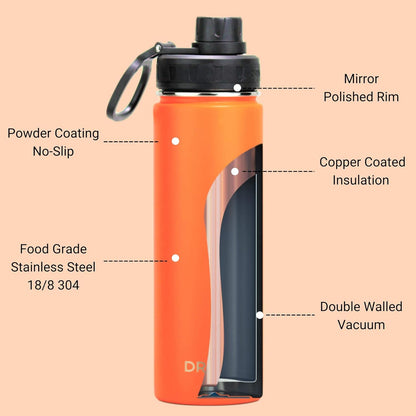 Drinco Stainless Steel Water Bottle Spout Lid Vacuum Insulated Double Wall Water Bottle Wide Mouth (40oz 32oz 22oz 18oz 14oz) Leak Proof Keep Cold Sport Camping Hiking (22 oz, 22oz Black)