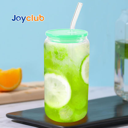 Joyclub 8pcs 16 oz Glass Cups with Acrylic Lids and Straws Can Shaped Iced Coffee Glasses Cute Tumbler Set Drinking Jars for Smoothie Soda Boba Beer Party Housewarming Gifts