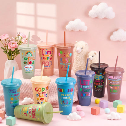 Uiifan 10 Pcs Christian Tumblers with Straws for Kids, Bible Verse Cups for VBS, Sunday School, Church Party Favors and Faith Gifts, Reusable Plastic Tumblers with Lids, 24 oz, White