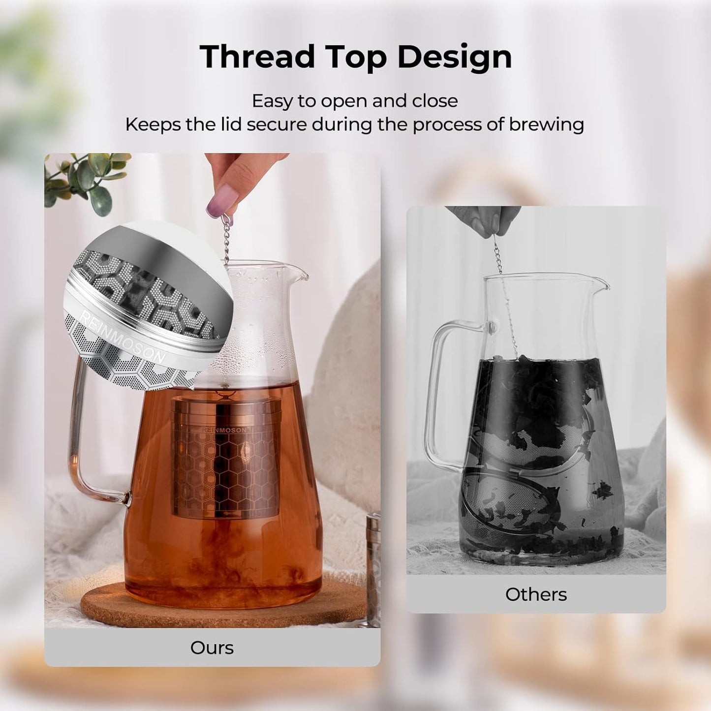 Reinmoson Tea Strainers for Loose Tea, Extra Fine Mesh Tea Infuser, 304 Stainless Steel & Updated Slim Threaded Lid, Loose Leaf Tea Steeper for Black Tea, Rooibos, etc