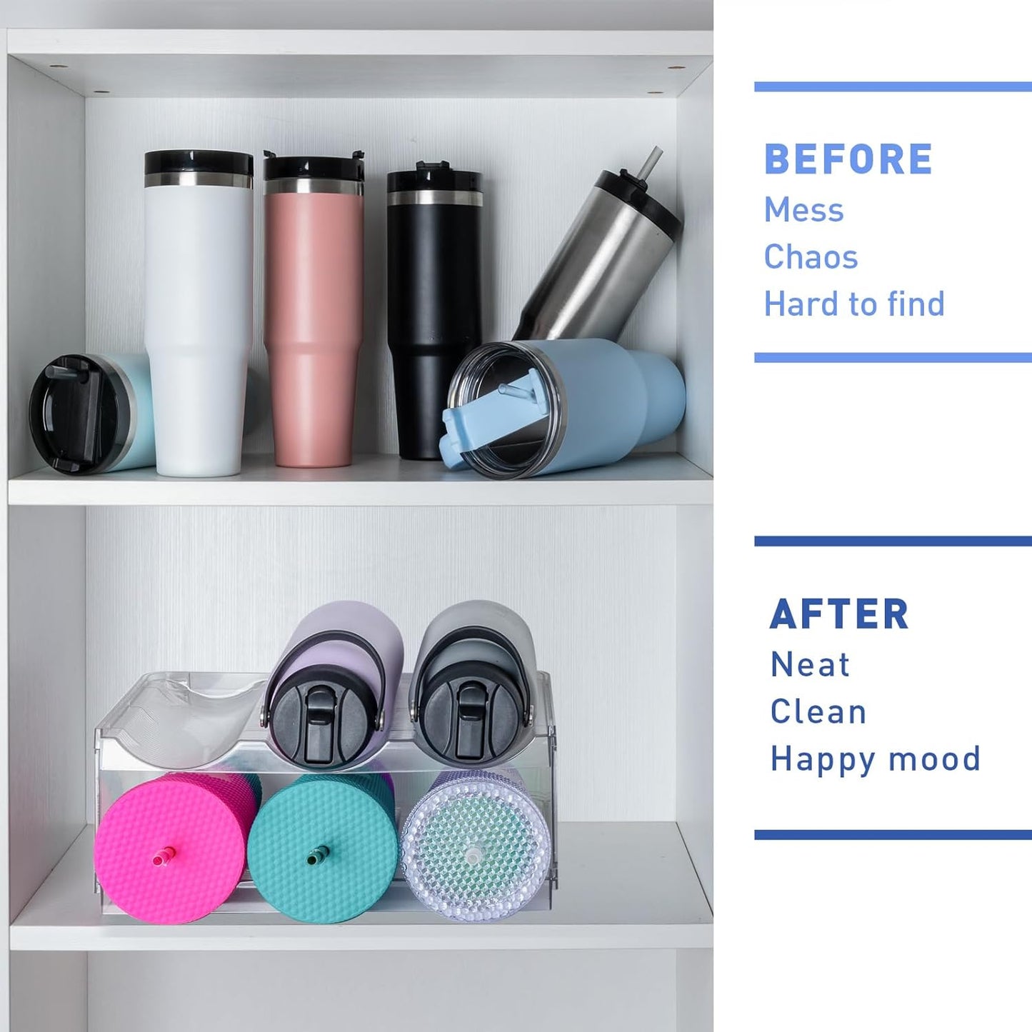 Stackable Water Bottle Organizer for Cabinet, Plastic Bottle Holder Designed for Starbucks Studded Tumblers up to 40oz, Plastic Cup Holder&Wine Rack for Pantry,Cupboard- 2 Layers Hold 6 Bottles
