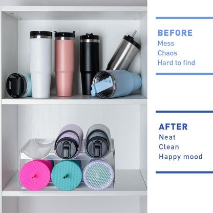 Stackable Water Bottle Organizer for Cabinet, Plastic Bottle Holder Designed for Starbucks Studded Tumblers up to 40oz, Plastic Cup Holder&Wine Rack for Pantry,Cupboard- 2 Layers Hold 6 Bottles